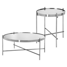 Lot de 2 tables basse ronde salon argent 43/75cm avec plateau en verre/métal