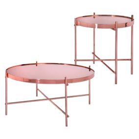 Lot de 2 tables basse ronde salon cuivre 43/75cm avec plateau en verre/métal