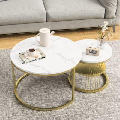 Lot de 2 tables basse, Table De Salon Gigognes Ronde, doré et blanc