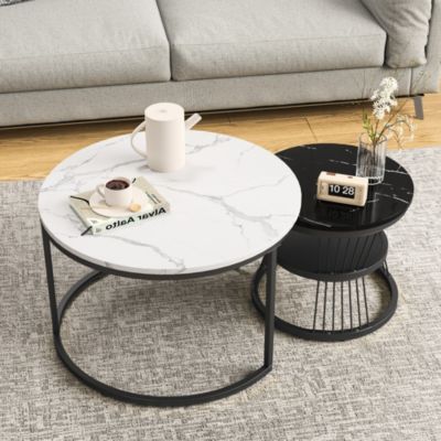 Lot de 2 tables basse, Table De Salon Gigognes Ronde, noir et blanc