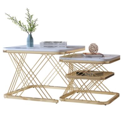 Lot de 2 Tables Basses Carrées Modernes avec Motif Marbre, Cadre en métal, 60x60x45cm et 45x45x40cm, Blanc et Or