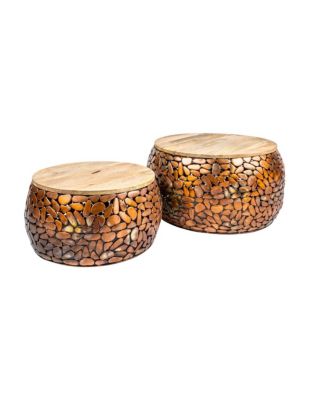Lot de 2 tables basses GALEA en bois massif de manguier et aluminium bronze  Motif galets décoratif