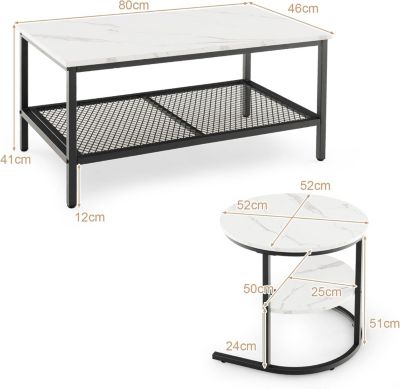 Lot de 2 Tables Basses Gigognes Amovible et Table Ronde Plateau Imitation Marbre Blanc Empilable Moderne Noir Blanc