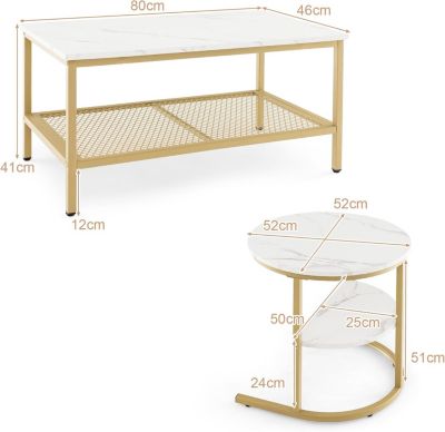 Lot de 2 Tables Basses Gigognes Amovible et Table Ronde Plateau Imitation Marbre Blanc Empilable Moderne Or et Blanc