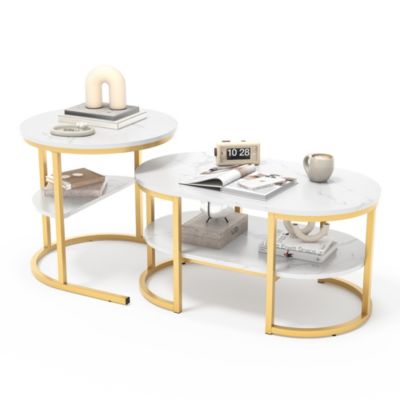 Lot de 2 tables basses gigognes ,aspect marbre lisse, étagères ouvertes,pour salon et salle à manger Doré,105X46X41CM
