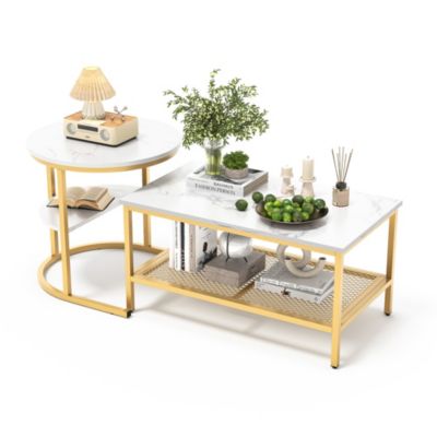 Lot de 2 tables basses gigognes,aspect marbre lisse, étagères ouvertes,pour salon et salle à manger Doré,105X50X51CM