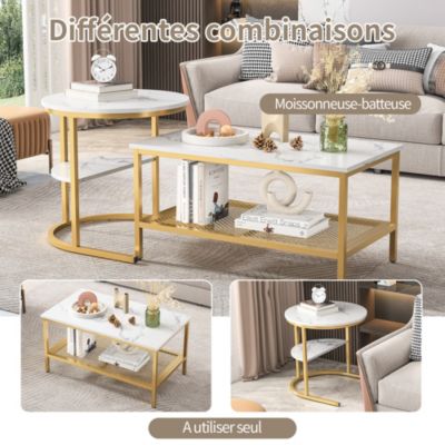 Lot De 2 Tables Basses Gigognes Design - Plateau Imitation Marbre, Cadre Doré - Pour Salon Moderne - 9