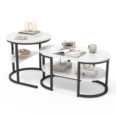 Lot de 2 tables basses gigognes ,aspect marbre lisse, étagères ouvertes,pour salon et salle à manger noi,105X46X41CM