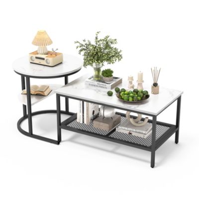 Lot de 2 tables basses gigognes,aspect marbre lisse, étagères ouvertes,pour salon et salle à manger noir,105X50X51CM
