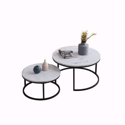Lot de 2 tables basses gigognes blanches avec cadre doré, rondes et motifs marbrées,table de chevet moderne industrielle simple