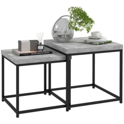 Lot de 2 tables basses gigognes carrées style contemporain - acier noir panneaux aspect béton ciré