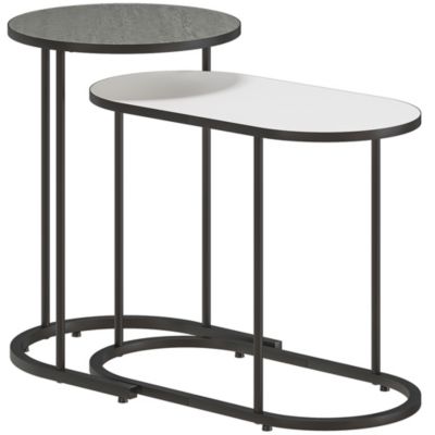 Lot de 2 tables basses gigognes design arrondi bicolore métal effet béton ciré gris blanc