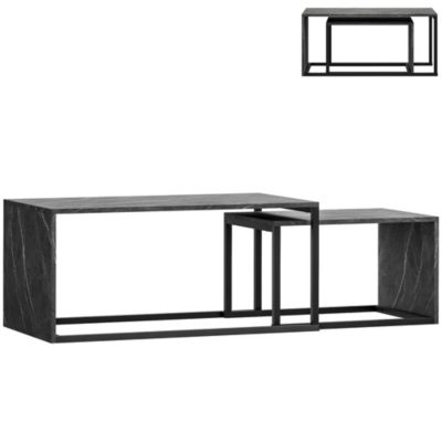 Lot de 2 tables basses gigognes design industriel encastrable dim. grande table 90L x 48l x 42H cm métal noir effet marbre gris