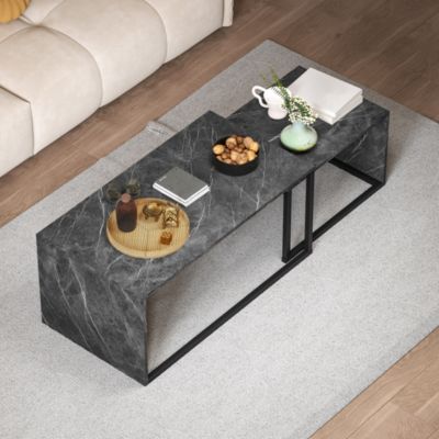 Lot de 2 tables basses gigognes design industriel encastrable dim. grande table 90L x 48l x 42H cm métal noir effet marbre gris