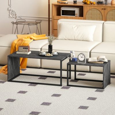 Lot de 2 tables basses gigognes design industriel encastrable dim. grande table 90L x 48l x 42H cm métal noir effet marbre gris
