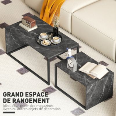 Lot de 2 tables basses gigognes design industriel encastrable dim. grande table 90L x 48l x 42H cm métal noir effet marbre gris