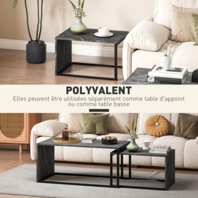 Lot de 2 tables basses gigognes design industriel encastrable dim. grande table 90L x 48l x 42H cm métal noir effet marbre gris