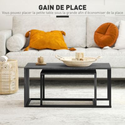Lot de 2 tables basses gigognes design industriel encastrable dim. grande table 90L x 48l x 42H cm métal noir effet marbre gris