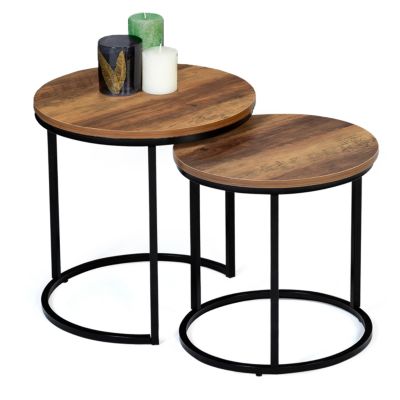 Lot de 2 tables basses gigognes HAWKINS rondes 40/45 bois foncé design industriel