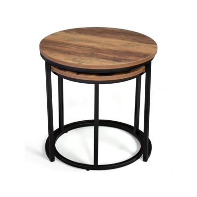 Lot de 2 tables basses gigognes HAWKINS rondes 40/45 bois foncé design industriel