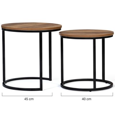 Lot de 2 tables basses gigognes HAWKINS rondes 40/45 bois foncé design industriel