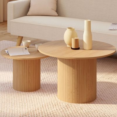 Lot de 2 tables basses gigognes JULIETTE rondes 50/70 effet lattes tasseau bois coloris chêne