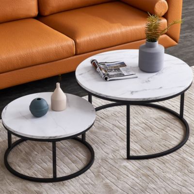 Lot de 2 Tables Basses gigognes, Marbre Blanc avec Structure en métal Noir, Table d'appoint Ronde pour salon, Chambre, Balcon