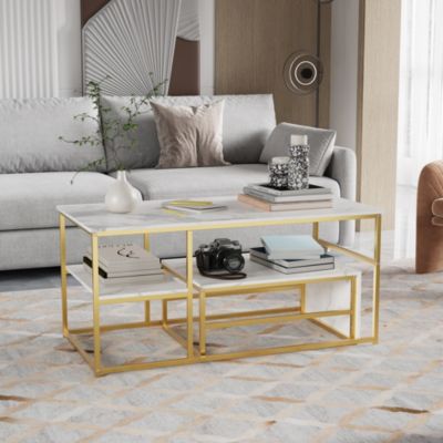 Lot de 2 Tables Basses Gigognes Modernes, Cadre Métal Doré, Placage Marbre, Carrée, Salon, Canapé, Chambre