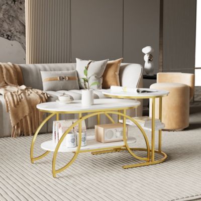 Lot de 2 Tables Basses Gigognes Modernes, Cadre Métal Doré, Placage Marbre, Ronde, Salon, Canapé, Chambre