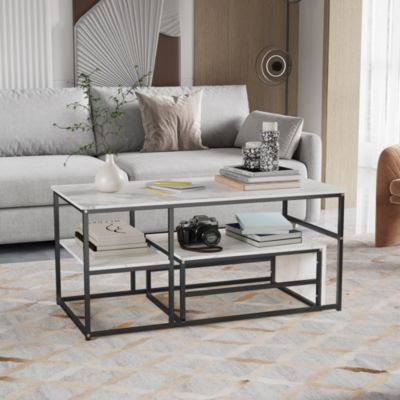 Lot de 2 Tables Basses Gigognes Modernes, Cadre Métal Noir, Placage Marbre, Carrée, Salon, Canapé, Chambre
