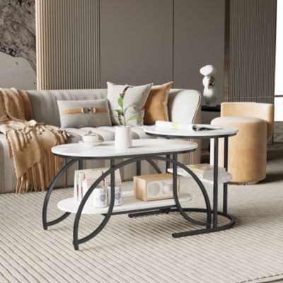 Lot de 2 Tables Basses Gigognes Modernes, Cadre Métal Noir, Placage Marbre, Ronde, Salon, Canapé, Chambre