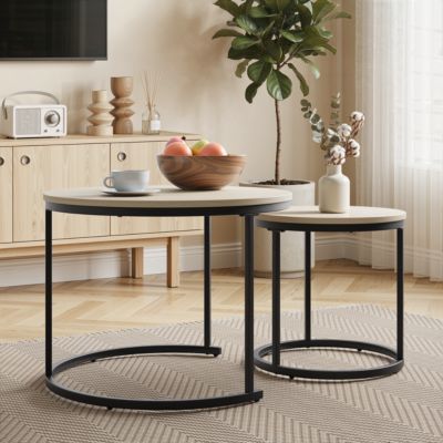 Lot de 2 tables basses gigognes rondes en chêne et métal noir