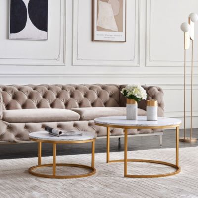 Lot de 2 tables basses gigognes rondes en marbre blanc, structure métal doré, tables modernes pour salon, chambre ou balcon