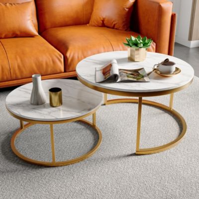 Lot de 2 tables basses gigognes rondes, Structure en métal doré, plateau imitation bois, design moderne et élégant pour salon