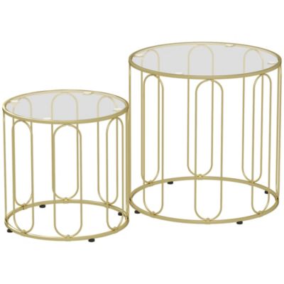 Lot de 2 tables basses gigognes rondes style Art déco métal doré verre trempé