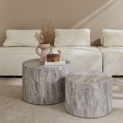 Lot de 2 tables basses PAROS rondes effet marbre gris. tables gigognes D.58 x H 40cm / D.50 x H 33cm