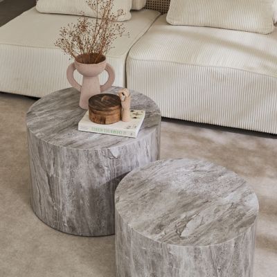 Lot de 2 tables basses PAROS rondes effet marbre gris. tables gigognes D.58 x H 40cm / D.50 x H 33cm
