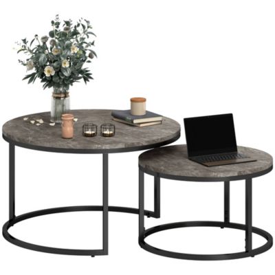 Lot de 2 tables basses rondes gigogne empilables piètement acier noir plateau aspect marbre gris