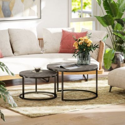 Lot de 2 tables basses rondes gigogne empilables piètement acier noir plateau aspect marbre gris