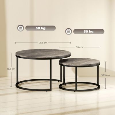 Lot de 2 tables basses rondes gigogne empilables piètement acier noir plateau aspect marbre gris