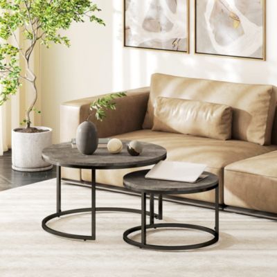 Lot de 2 tables basses rondes gigogne empilables piètement acier noir plateau aspect marbre gris