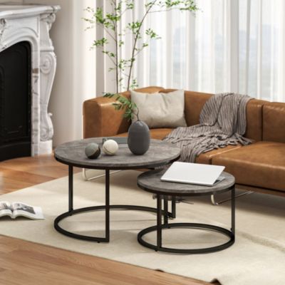 Lot de 2 tables basses rondes gigogne empilables piètement acier noir plateau aspect marbre gris