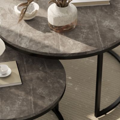 Lot de 2 tables basses rondes gigogne empilables piètement acier noir plateau aspect marbre gris