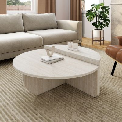 Lot de 2 tables basses rondes GUILIA 90 cm asymétriques effet travertin