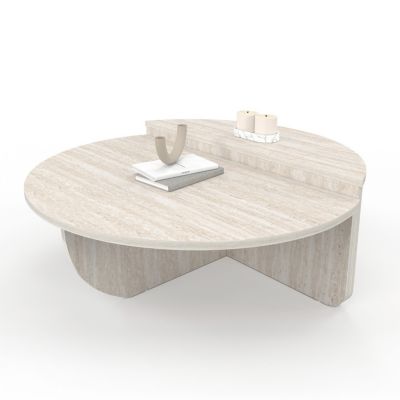 Lot de 2 tables basses rondes GUILIA 90 cm asymétriques effet travertin
