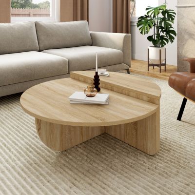 Lot de 2 tables basses rondes GUILIA 90 cm asymétriques façon hêtre