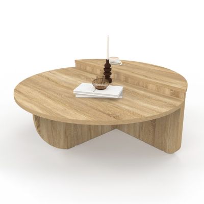 Lot de 2 tables basses rondes GUILIA 90 cm asymétriques façon hêtre
