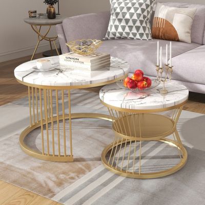 Lot de 2 tables basses rondes modernes, marbré brillant, structure métal, forme unique, pour salon, réception, balcon ou bureau