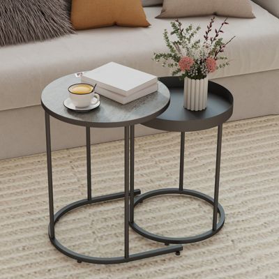 Lot de 2 tables d'appoint gigognes rondes grises et noires en métal