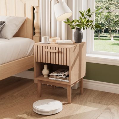 Lot de 2 tables de chevet, bois naturel, tiroir, poignées bois, pieds bois massif, bureau imperméable, Naturelle